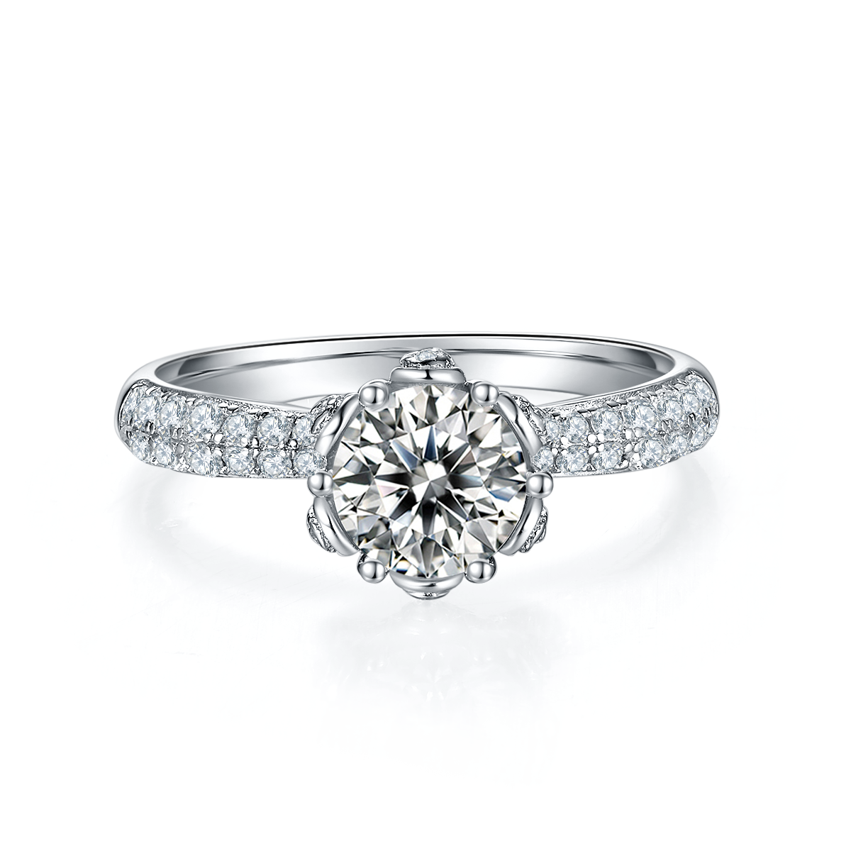 Straight arm luxury floral god S925 silver plated platinum Moissanite women's ring 1 carat D-grade